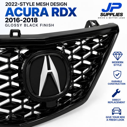 GLOSSY BLACK 2022 STYLE MESH GRILLE WITH EMBLEM FITS 2016-2018 ACURA RDX