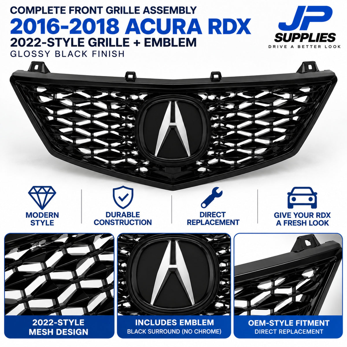 GLOSSY BLACK 2022 STYLE MESH GRILLE WITH EMBLEM FITS 2016-2018 ACURA RDX