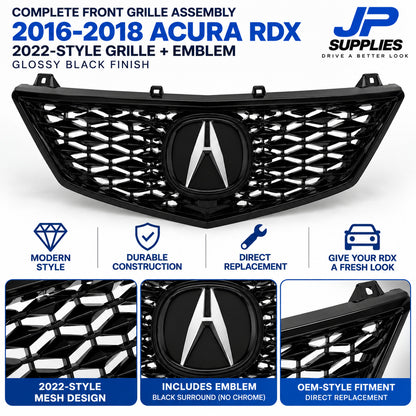 GLOSSY BLACK 2022 STYLE MESH GRILLE WITH EMBLEM FITS 2016-2018 ACURA RDX