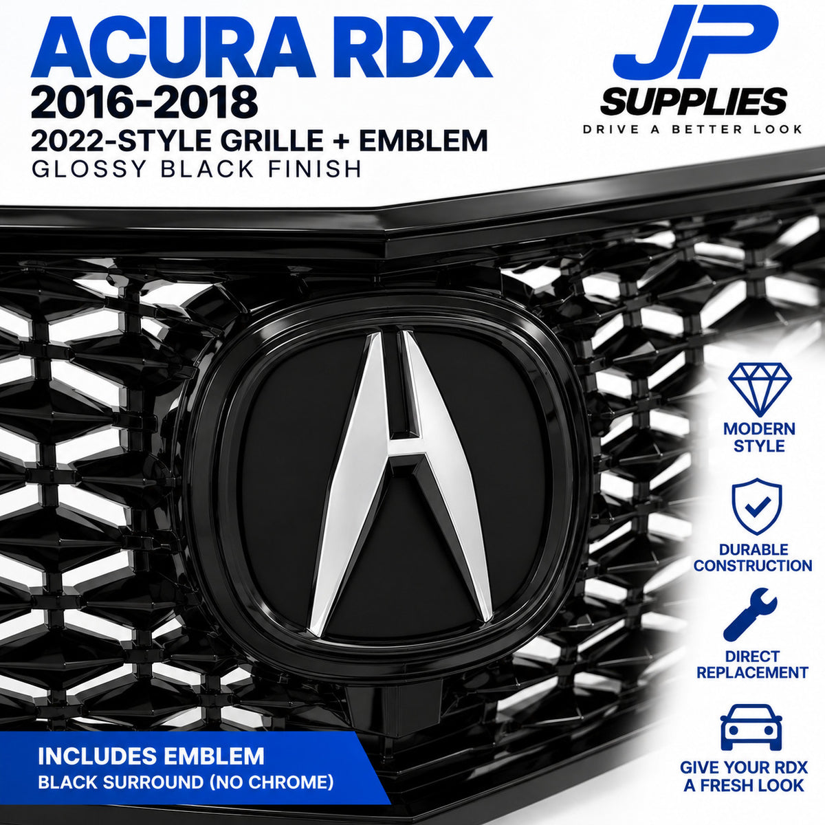 GLOSSY BLACK 2022 STYLE MESH GRILLE WITH EMBLEM FITS 2016-2018 ACURA RDX