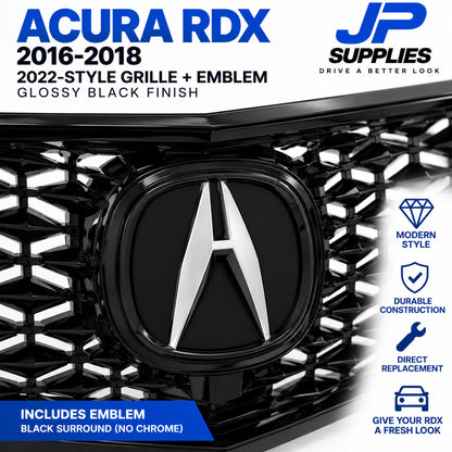 GLOSSY BLACK 2022 STYLE MESH GRILLE WITH EMBLEM FITS 2016-2018 ACURA RDX