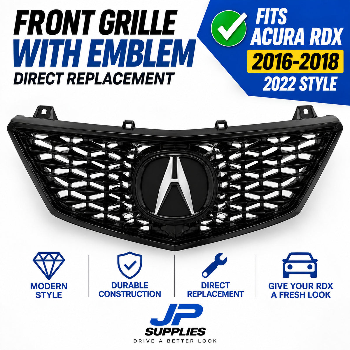 GLOSSY BLACK 2022 STYLE MESH GRILLE WITH EMBLEM FITS 2016-2018 ACURA RDX