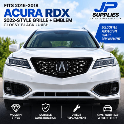 GLOSSY BLACK 2022 STYLE MESH GRILLE WITH EMBLEM FITS 2016-2018 ACURA RDX