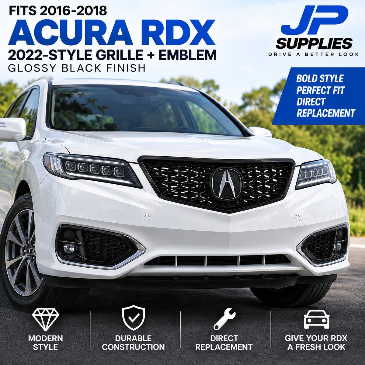 GLOSSY BLACK 2022 STYLE MESH GRILLE WITH EMBLEM FITS 2016-2018 ACURA RDX