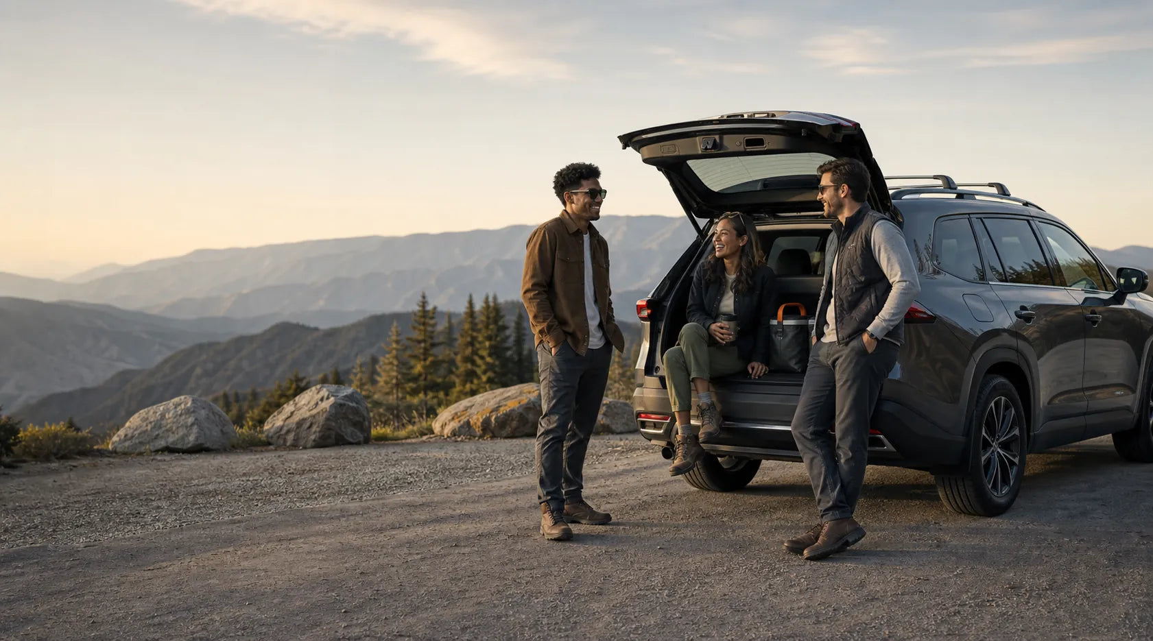Friends relaxing beside their SUV at a mountain overlook