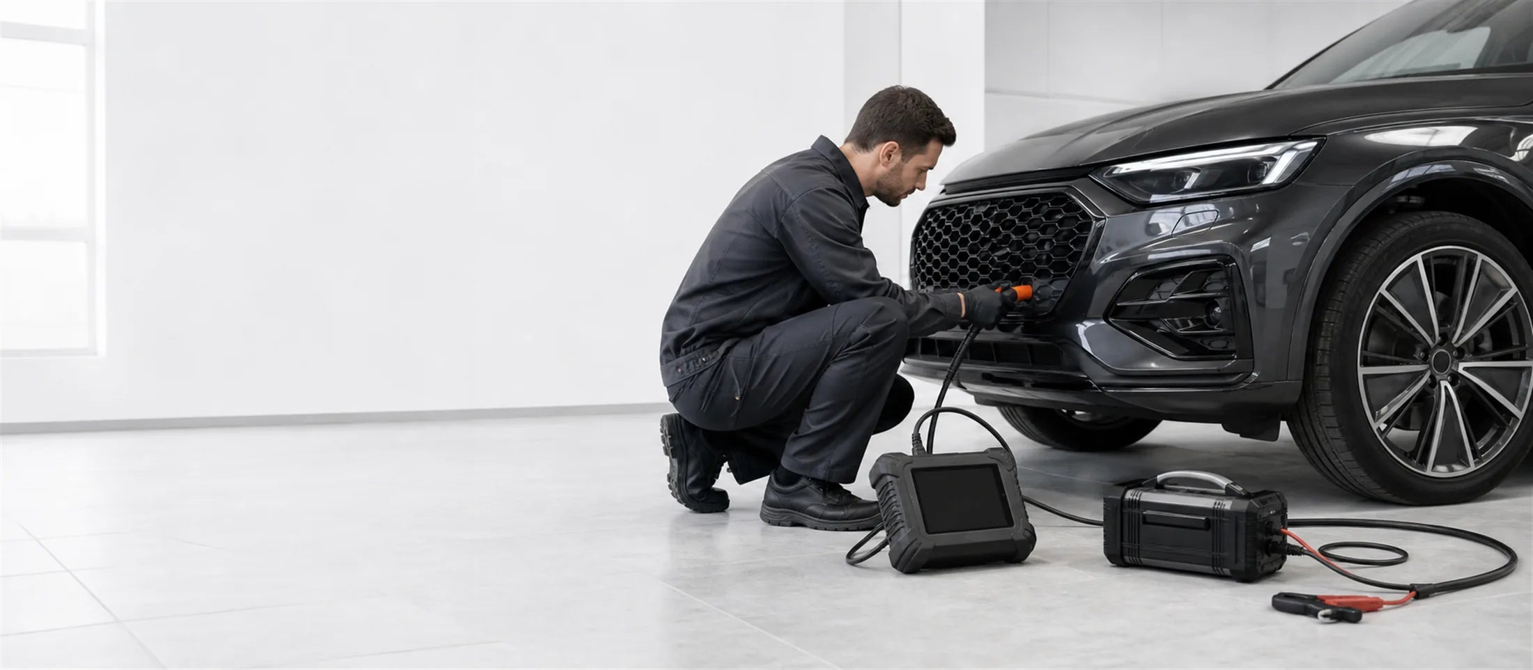 Technician using automotive diagnostic equipment beside a modern SUV